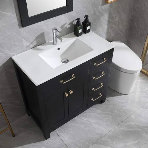 Vista 6 de wonline Lavabo de baño negro de 36 pulgadas y fregadero de cerámica empotrado para fregadero de cerámica con tocador de espejo, juego de tocador