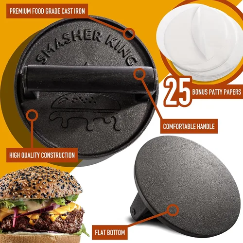 Vista 2 de SMASHER KING™ - Prensa de hamburguesa premium de hierro fundido con 25 piezas de papel para hamburguesas, prensa de hamburguesas para plancha