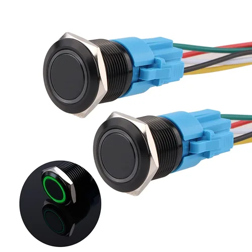 Vista 10 de Interruptor de botón con cierre de 0.630 in, anillo 3A, LED, 12V-24V, interruptor de botón de metal negro, carcasa de aluminio autobloqueante