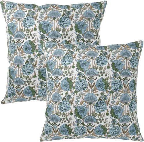 Vista 2 de Juego de 2 fundas de almohada con estampado de bloques azules de 16 x 16 pulgadas, diseño floral verde espárragos, fundas de almohada bohemias