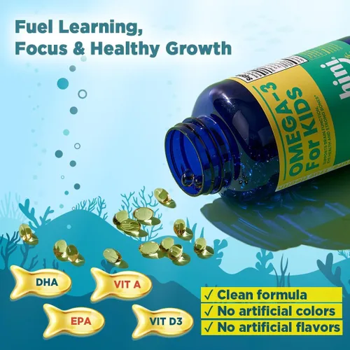 Vista 4 de HINI Omega-3 para niños: vitaminas Omega 3 DHA, inmunidad para niños, vitaminas Omega para la salud cerebral y ocular y fuerte apoyo a los huesos, 2