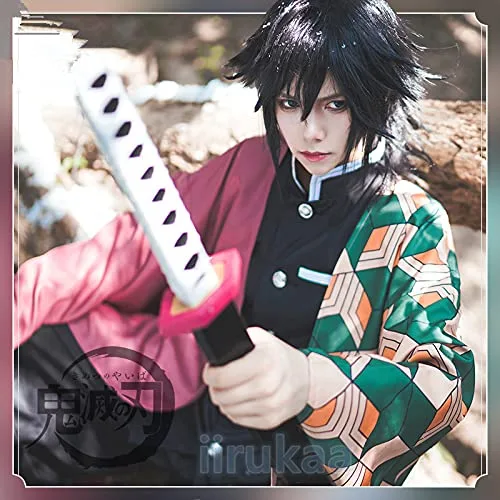 Vista 7 de iirukaa Tomioka Giyuu - Peluca de cosplay para Demon Slaye, anime Kimetsu no Yaiba, personajes de Halloween, pelucas de cosplay con gorra de peluca