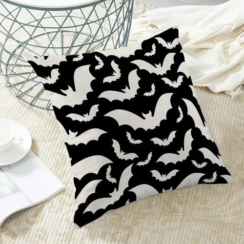 Vista 3 de Juego de 2 fundas de almohada de Halloween de 16 x 16 pulgadas, fundas de almohada de murciélagos negros y crema, fundas de cojín decorativas
