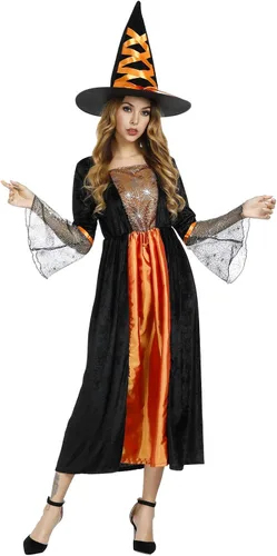Vista 2 de Haorugut Disfraz de bruja para mujer, disfraz de bruja malvada, vestido de bruja
