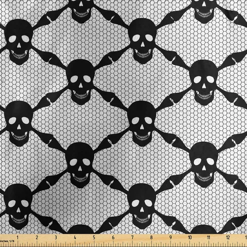 Vista 113 de Ambesonne The Yard, tela de calavera colorida con temática de Halloween, diseño de calavera y huesos cruzados, divertido estampado de dibujos