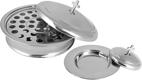 Vista 8 de Communion Ware - Bandeja para servir vino santo con tapa y un plato de pan apilable con tapa, acero inoxidable (latón/dorado)