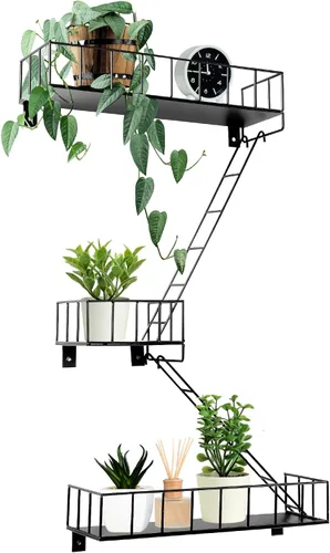 Vista 10 de Zonon Estante de pared de escape de incendios, estantes de escalera de metal, decoración de pared, estantes flotantes, estante de figura de acción