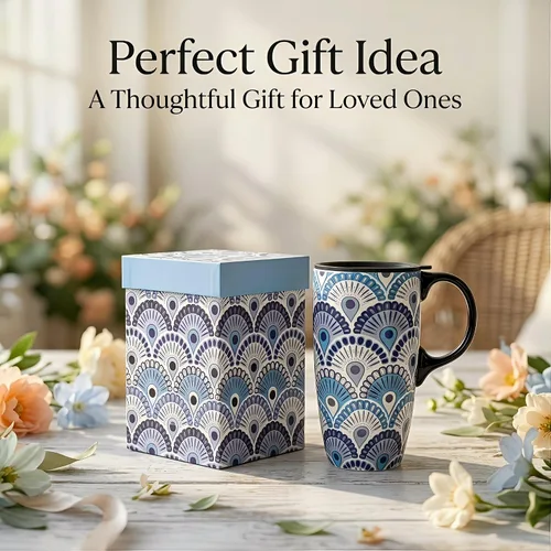 Vista 5 de Topadorn Taza de viaje de porcelana para café y té en color azul, taza de café de cerámica, 48 cl, en caja