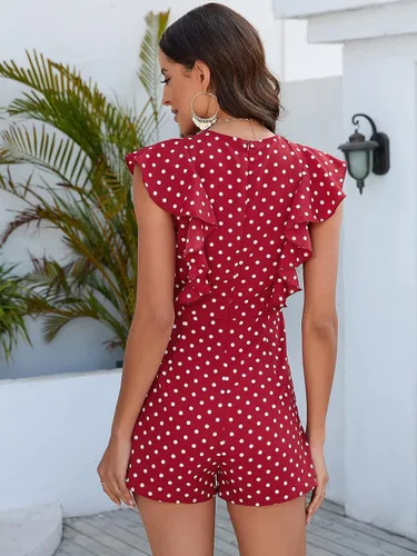 Vista 2 de WDIRARA Mono corto de manga casquillo con cuello redondo y volantes para mujer
