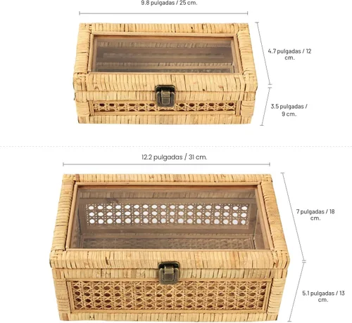 Vista 3 de HUAXIN CRAFT H Caja decorativa de ratán con tapa, rectangular tejida con vidrio para exhibición, juego de 2 mimbre para decoración