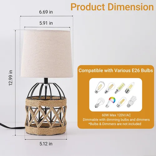 Vista 3 de Lámpara de mesa bohemia para dormitorio, pequeña lámpara de noche con base de jaula de metal de ratán y pantalla de lino, lámpara de mesita de noche