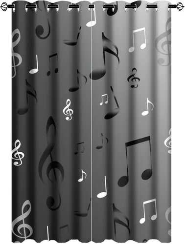Vista 17 de Cortinas opacas de oscurecimiento de habitación con ojales, diseño rústico de símbolos musicales blancos y negros, tratamiento de ventana
