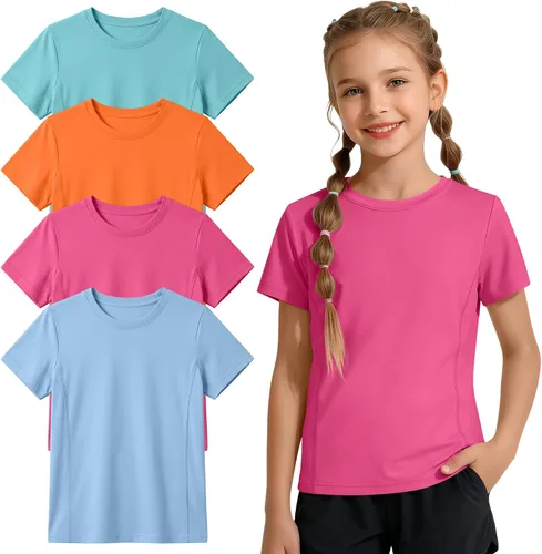 Vista 8 de Paquete de 4 camisetas atléticas de manga corta para niñas, de secado rápido, camisetas activas de verano con cuello redondo y ropa deportiva