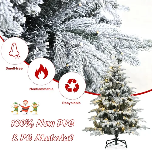Vista 5 de GOFLAME Árbol de Navidad flocado de nieve de 4.5 pies, árbol de Navidad preiluminado con 120 luces LED y 757 puntas de polietileno y PVC, árbol