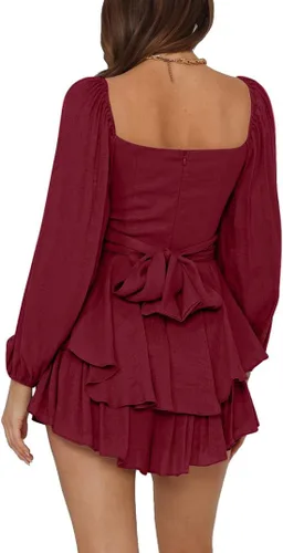 Vista 2 de LYANER - Enterizo con volados de manga larga estilo farol y con lazo, para mujer, rómper corto