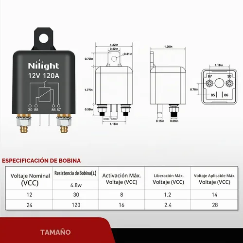 Vista 3 de Nilight Relé de Arranque de 120A, Interruptor de Relés Divididos de 4 Pines, 12V Continuo Servicio Pesado SPST Alta Corriente 4 Terminales Control