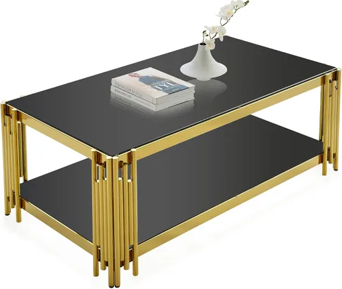 Vista 9 de SSLine Mesa de centro de cristal negro con marco de acero inoxidable dorado, mesa de centro rectangular de lujo de 2 niveles para sala de estar Café