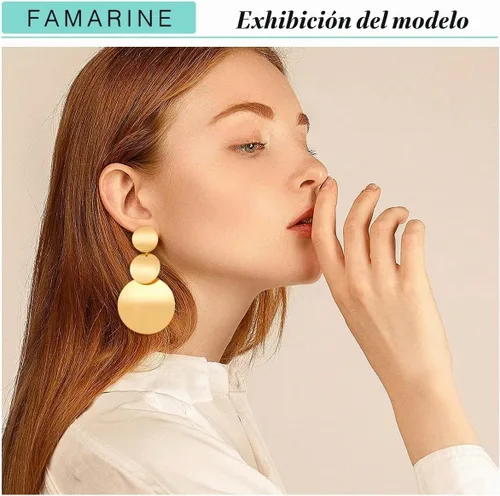 Vista 2 de FAMARINE Pendientes colgantes de disco dorado y plata para mujer