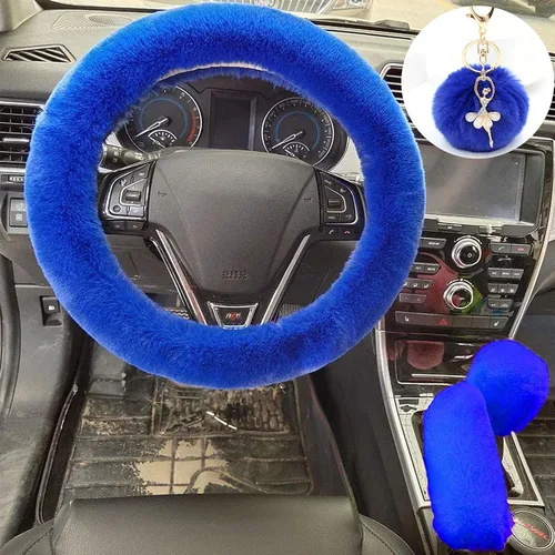 Vista 8 de ZYNQACC Juego de 4 fundas esponjosas para volante con funda para freno de mano, funda para palanca de cambios y llavero de felpa de lana sintética