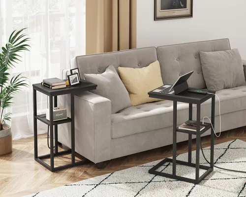 Vista 2 de Vagusicc Mesa auxiliar en forma de C con estación de carga, mesa auxiliar pequeña para sofá, mesa auxiliar de aperitivos con puertos USB y salidas