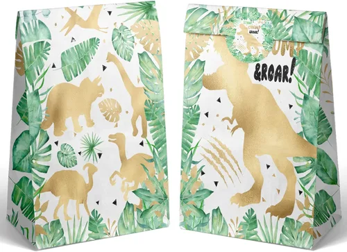 Vista 5 de HaPiBiDesign 24 bolsas de regalo de dinosaurio dorado con calcomanías, bolsas de caramelos de dinosaurio, bolsas de regalo para suministros