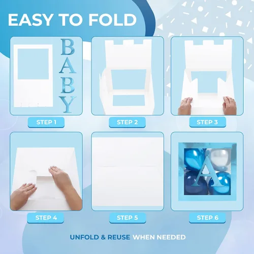 Vista 5 de Cajas de baby shower con letras - Cajas azules metálicas con globos metálicos azules y plateados - Juego de 44 piezas para revelación de género