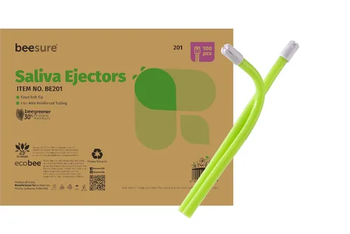 Vista 3 de BE201 Eyectores de saliva desechables, color verde con punta blanca, paquete de 100