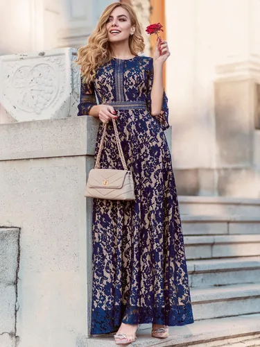 Vista 3 de MISSMAY - Vestido largo formal con mangas de campana, hecho totalmente en encaje, estilo vintage, para mujer