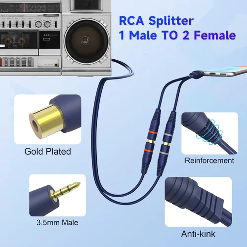 Vista 6 de Cable divisor RCA Y macho a hembra, cable de extensión de audio AV Jack de 0.138 in, conector de cincha chapado en oro de 24 quilates