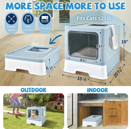 Vista 2 de Caja de arena cubierta para gatos con alfombrilla de arena, plegable, extra grande, puerta ajustable de doble entrada, diseño de cajón, caja de Azul