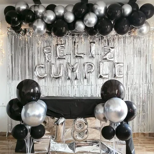 Vista 5 de Globos negros y plateados, 65 globos de látex metálicos cromados plateados y negros de 12 pulgadas para decoración de cumpleaños, graduación