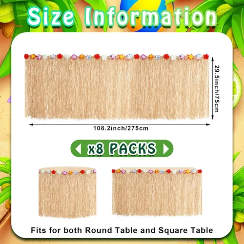 Vista 2 de Juexica Paquete de 8 faldas de mesa de hierba Luau de 9 x 30 pulgadas, falda de mesa hawaiana de flores de hibisco sintético, decoraciones de fiesta