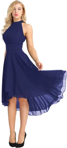 Vista 3 de TiaoBug Vestido de dama de honor sin mangas con cuello halter hasta la rodilla para mujer