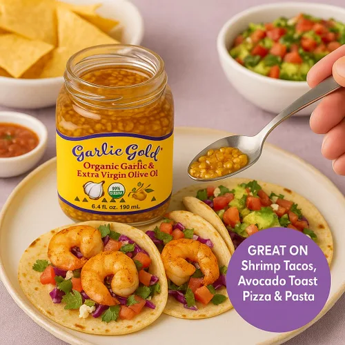 Vista 6 de Garlic Gold Gránulos de ajo tostado orgánico en aceite de oliva virgen extra, ajo crujiente en aceite de oliva, tarro de vidrio de 6.4 oz