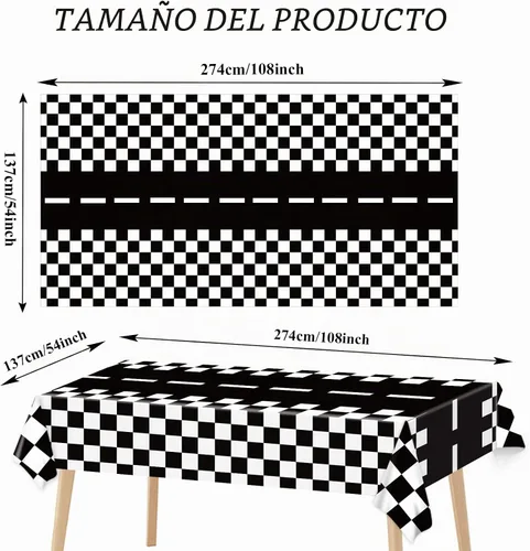Vista 2 de Mantel de plástico de 3 piezas con dos decoraciones de cumpleaños rápido, con bandera a cuadros, funda de mesa desechable para niños