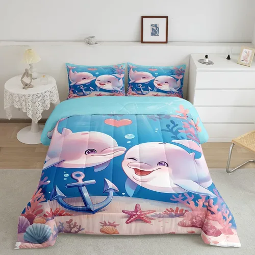 Vista 31 de Erosebridal Juego de edredón de ballena náutica, tamaño individual, juego de ropa de cama vintage azul con ondas oceánicas para niños y niñas