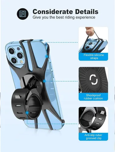 Vista 3 de Soporte de teléfono para bicicleta, soporte universal para teléfono para bicicleta, giratorio de 360°, manillar de silicona para iPhone, Galaxy