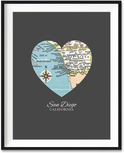 Vista 5 de ART FOR THE MASSES Estampado de corazón de mapa de San Diego, sin marco, decoración de pared y hogar, 8 x 10 pulgadas