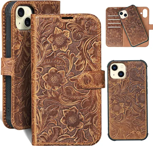 Vista 23 de Funda de cuero compatible con iPhone 16 Pro Max Cartera 6.9", cuero genuino 2 en 1, magnética, desmontable, a prueba de golpes, funda tipo folio
