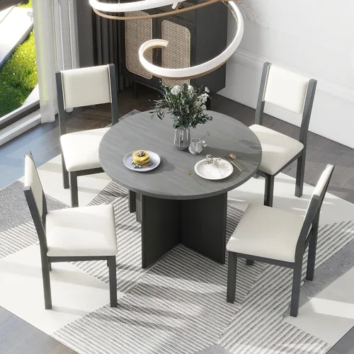 Vista 17 de Juego de mesa de comedor funcional retro de 5 piezas, mesa de comedor redonda extensible de madera y 4 sillas de comedor tapizadas para restaurante