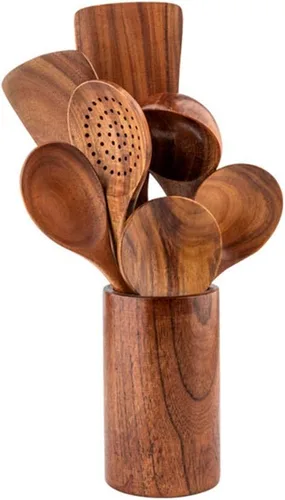 Vista 3 de Utensilios de Cocina de Teca, Utensilios de Cocina de Madera para Sopa, Cuchara de Sazonar, Cuchara de Sumersión, Cuchara para Aceite, Cuchara