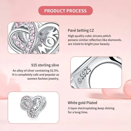 Vista 5 de VOROCO Sterling Silver Mom Charm Birthstone for Bracelets and Necklacesfront and back Consistent Infinity charms Heart for Mothers Birthday