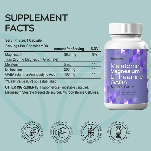 Vista 6 de MuseBeam Glicinato de magnesio 275 mg melatonina 5 mg L-teanina 200 mg GABA 100 mg cápsulas - Suplemento de apoyo nocturno para dormir para hombres
