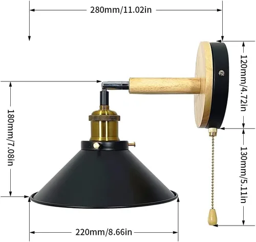 Vista 7 de Juego de 2 apliques de pared Vintage Negros, con Base de Madera de 1 luz, interruptor de cadena y diseño cónico. Ideal para mesilla de Noche, sala