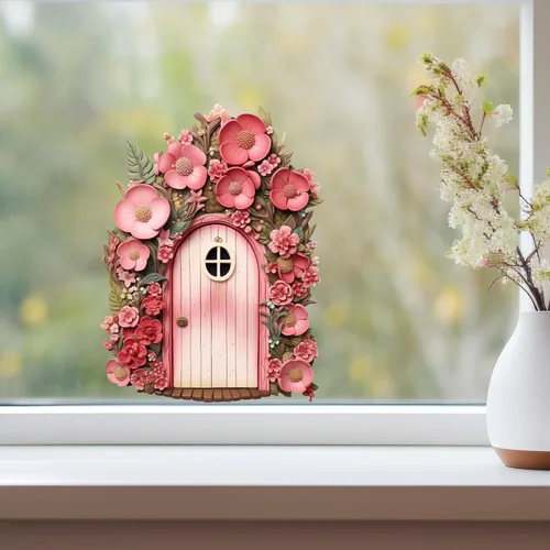 Vista 3 de Begonia Flowers Garden House - Adhesivo de pared para puerta de hadas