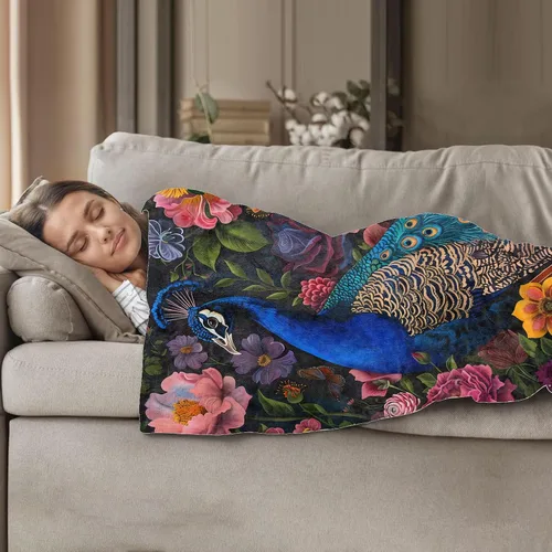 Vista 3 de Manta floral de pavo real, 40 x 50 pulgadas, mantas de pájaros exóticos para decoración de dormitorio, manta de franela de jardín, regalos