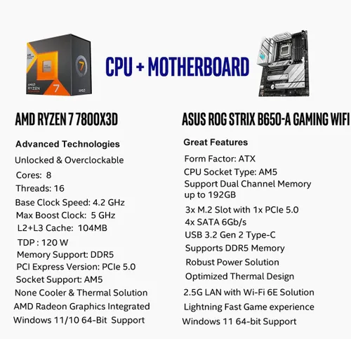 Vista 2 de MICRO CENTER Procesador AMD 7800X3D con placa base ASUS ROG Strix B650A WF AMD Ryzen 7 7800X3D + ASUS ROGS B650-A Gam WF