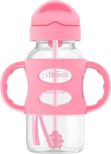 Vista 11 de Dr. Brown's Milestones - Botella con pajita de transición de cuello ancho con asas 100% de silicona y pajita con peso, 9 oz/270 mL, gris, 6m+