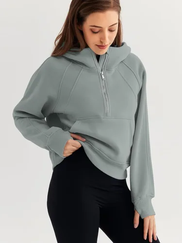 Vista 3 de WYNNQUE Sudadera corta con capucha para mujer, manga larga, forro polar, media cremallera, ropa de otoño