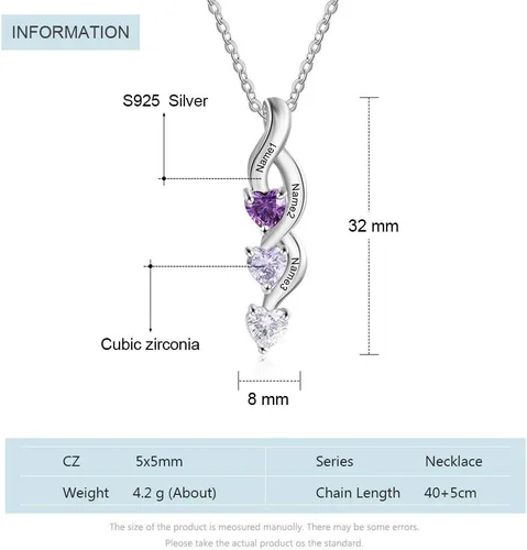Vista 6 de Tian Zhi Jiao Collar personalizado de plata de ley para madres con 3 piedras natales de imitación grabadas, 3 nombres de niños, personalizado, dije